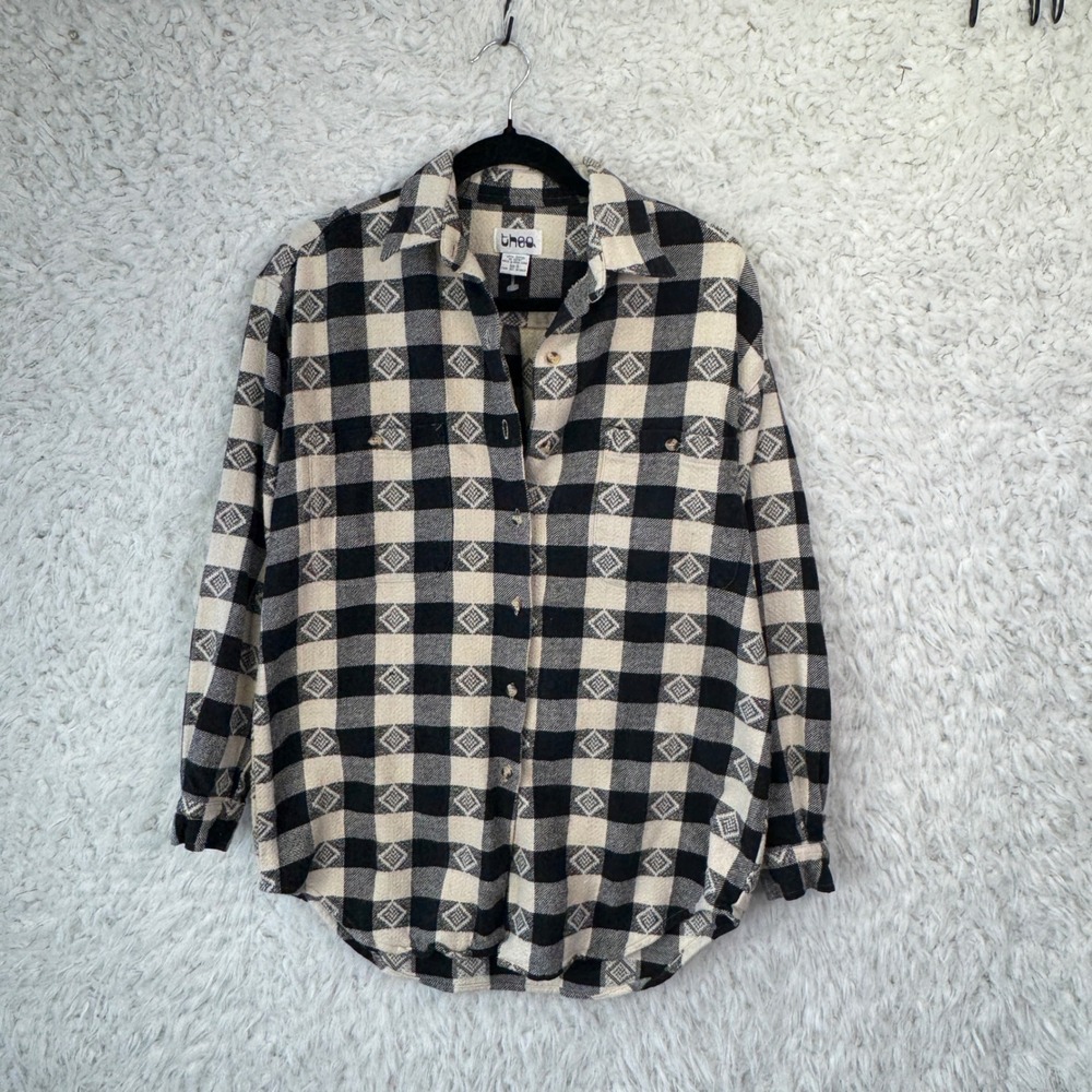 Thea Flannel Button Down Shirt Size S Black Cream Plaid Diamond Print Grunge 90s